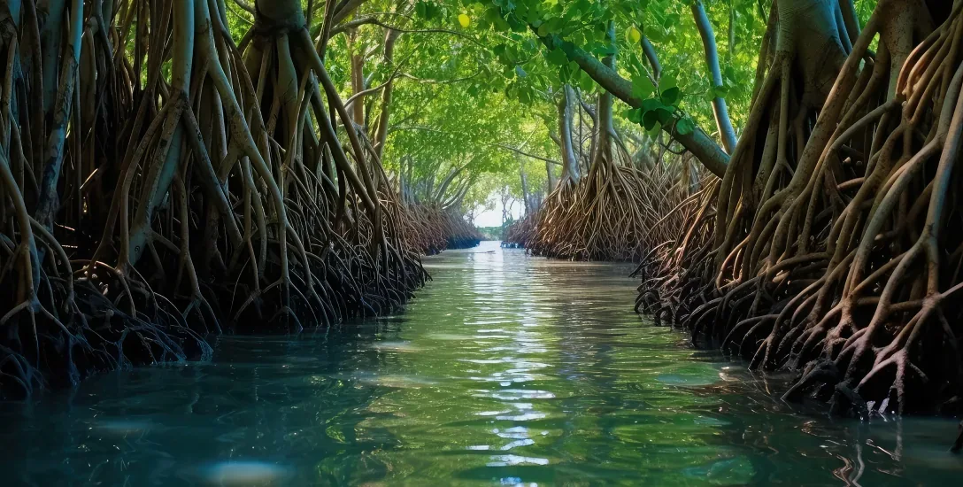 Canal entre raízes e árvores de um manguezal